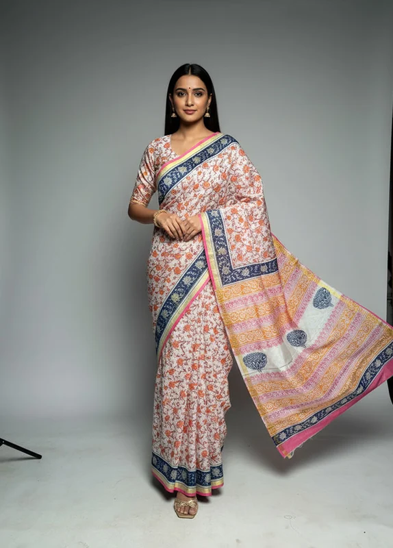 White Chanderi Silk Saree With Blouse Piece One Size