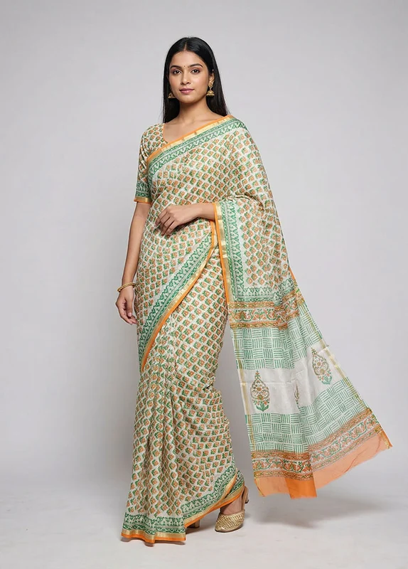 White Chanderi Silk Saree With Blouse Piece One Size