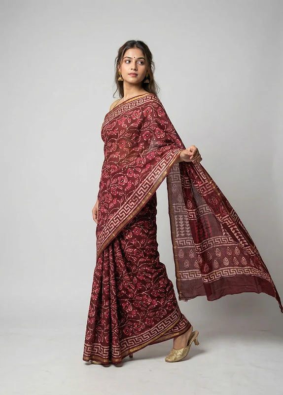 Maroon Chanderi Silk Saree With Blouse Piece One Size