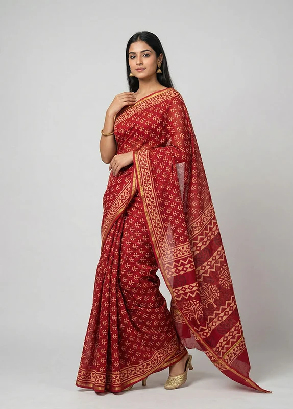 Red Chanderi Silk Saree With Blouse Piece One Size