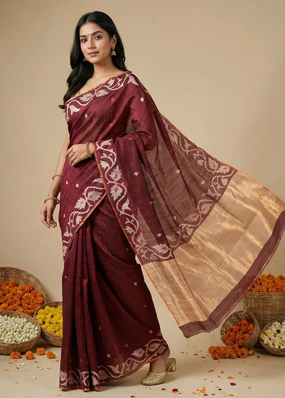 Maroon Handloom Matka Pure Silk Saree With Blouse Piece One Size