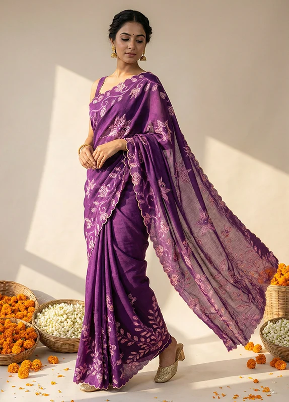 Purple Handloom Tussar Pure Silk Saree With Blouse Piece One Size