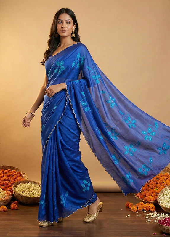 Blue Handloom Tussar Pure Silk Saree With Blouse Piece One Size