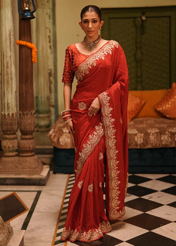 Red Handloom Pure Georgette Saree Without Blouse Piece One Size
