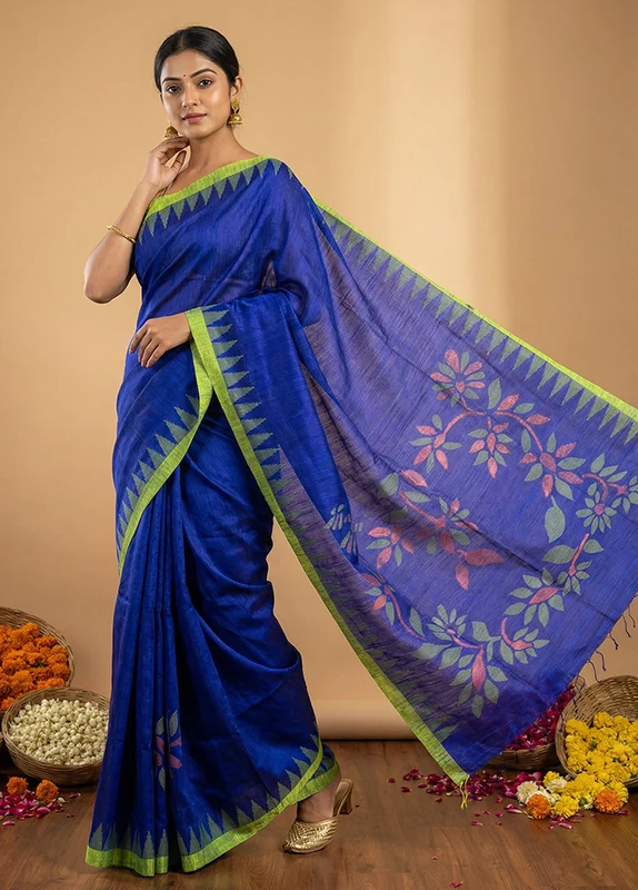 Blue Handloom Matka Pure Silk Saree With Blouse Piece One Size