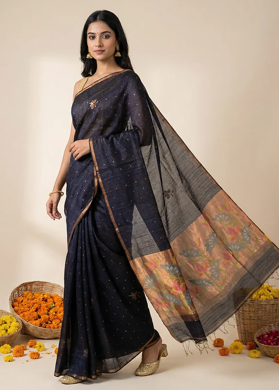 Black Handloom Matka Pure Silk Saree With Blouse Piece One Size