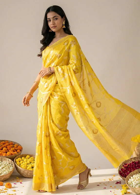 Yellow Handloom Matka Pure Silk Saree With Blouse Piece One Size