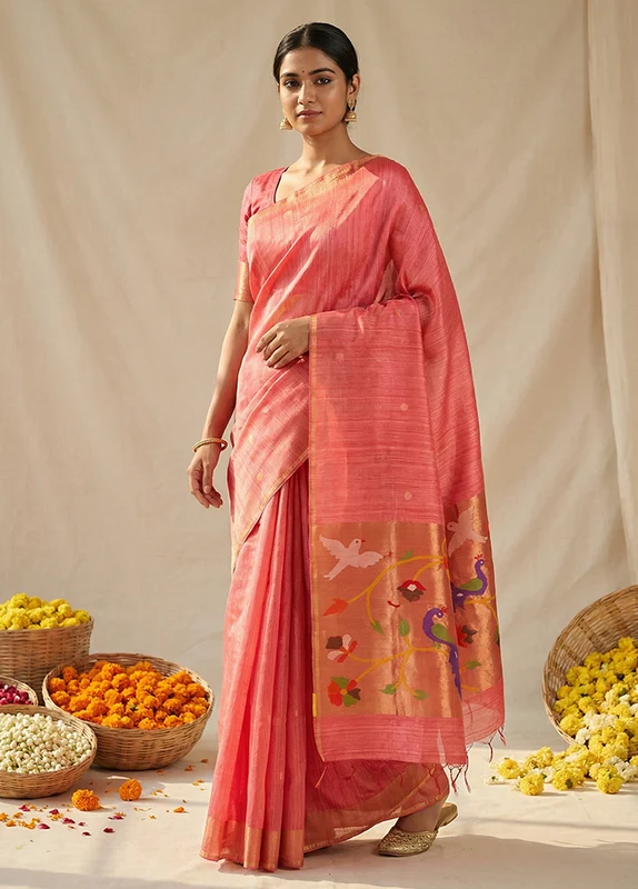 Peach Handloom Matka Pure Silk Saree With Blouse Piece One Size