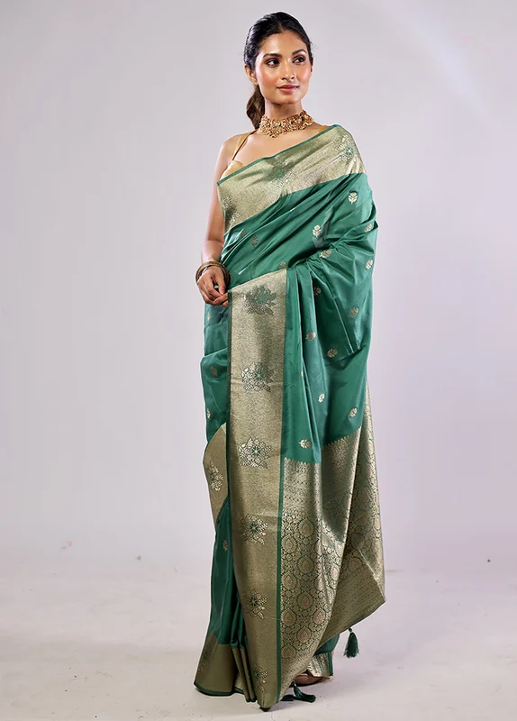 Green Katan Silk Saree With Blouse Piece One Size