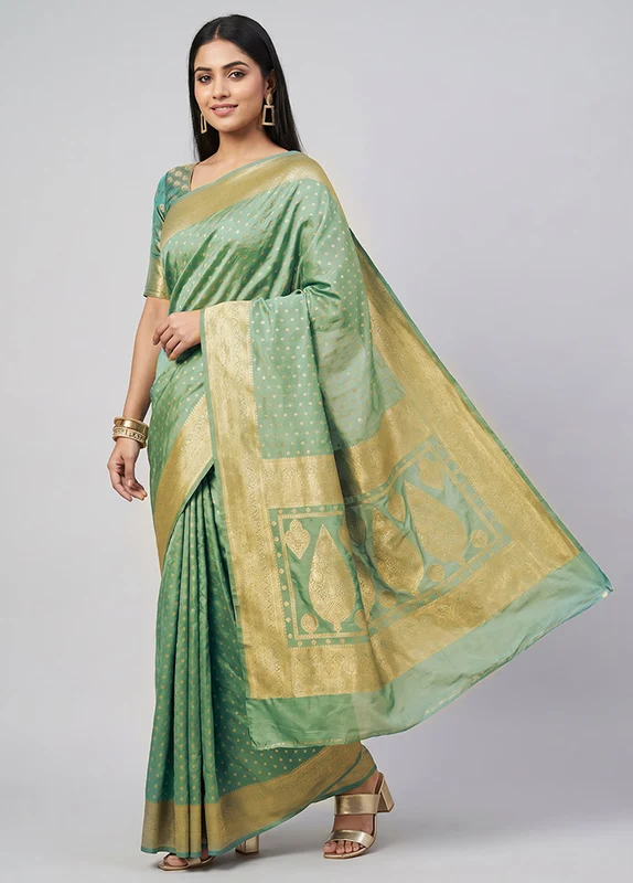 Green Dupion Silk Saree With Blouse Piece One Size
