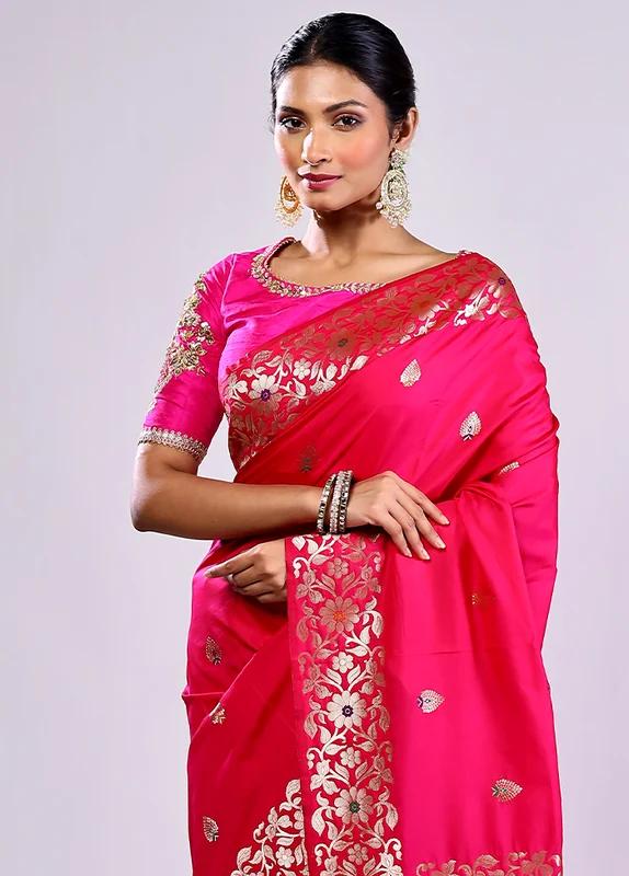 Pink Dupion Silk Saree With Blouse Piece One Size