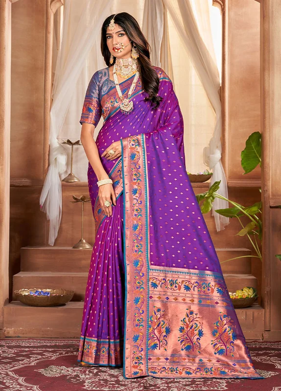 Purple Dupion Silk Saree With Blouse Piece One Size