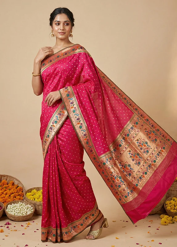 Pink Dupion Silk Saree With Blouse Piece One Size