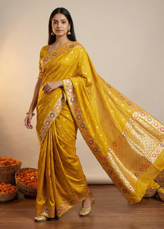 Yellow Katan Silk Saree With Blouse Piece One Size