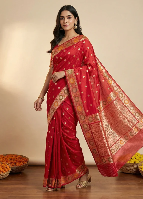 Pink Katan Silk Saree With Blouse Piece One Size