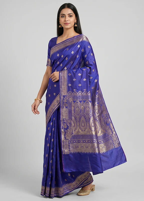 Blue Banarasi Silk Saree With Blouse Piece One Size