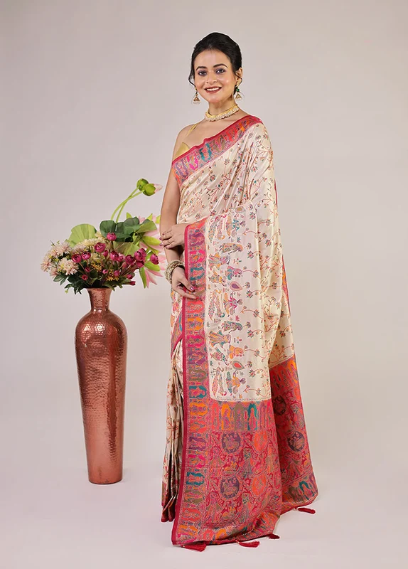 Cream Dupion Silk Saree With Blouse Piece One Size