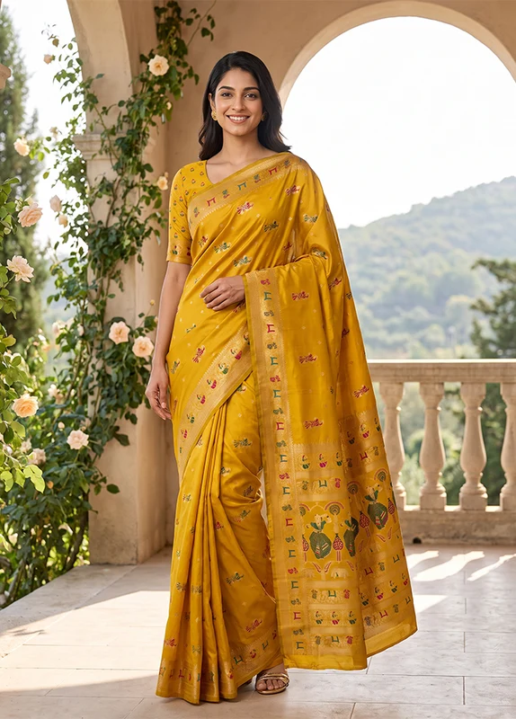 Yellow Baluchari Silk Saree With Blouse Piece One Size