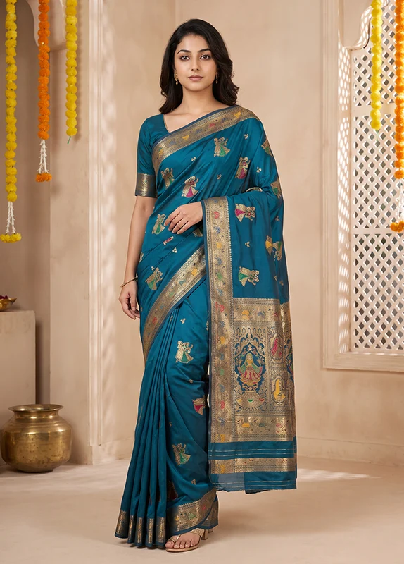 Blue Baluchari Silk Saree With Blouse Piece One Size