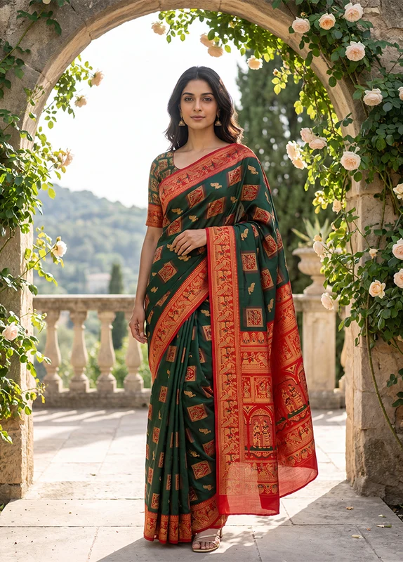 Green Baluchari Silk Saree With Blouse Piece One Size