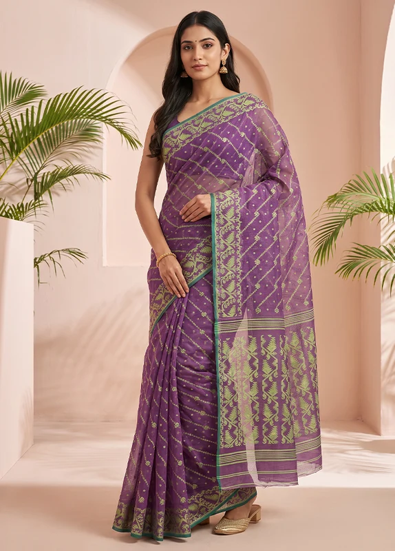 Purple Jamdani Cotton Saree Without Blouse Piece One Size