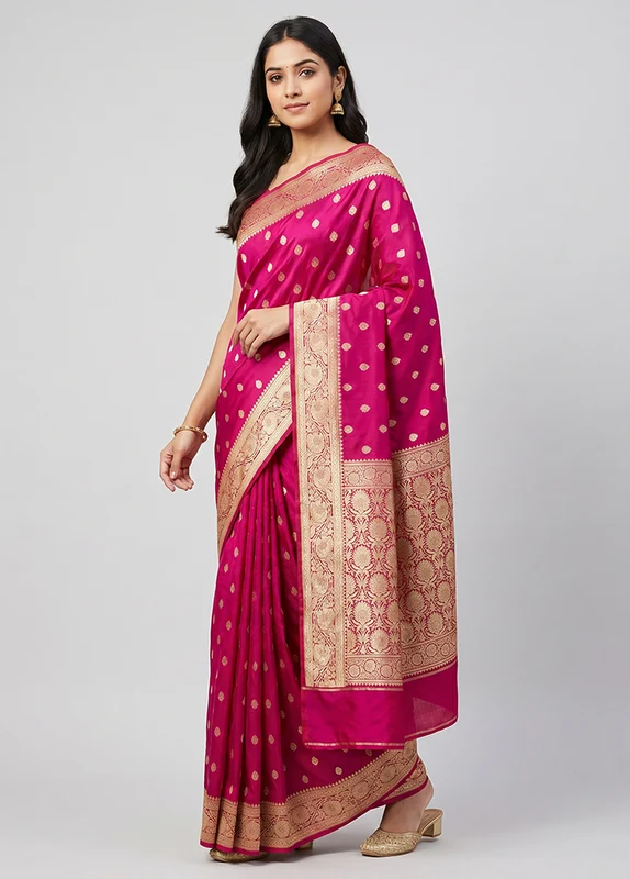 Pink Handloom Katan Pure Silk Saree With Blouse Piece One Size