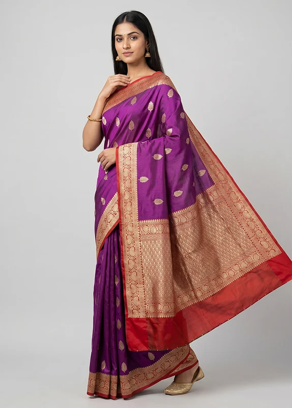 Purple Handloom Katan Pure Silk Saree With Blouse Piece One Size