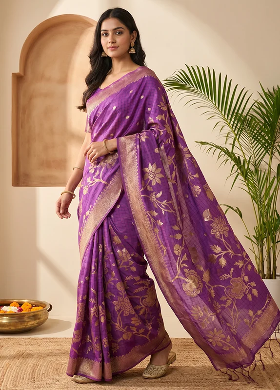 Purple Dupion Silk Saree With Blouse Piece One Size