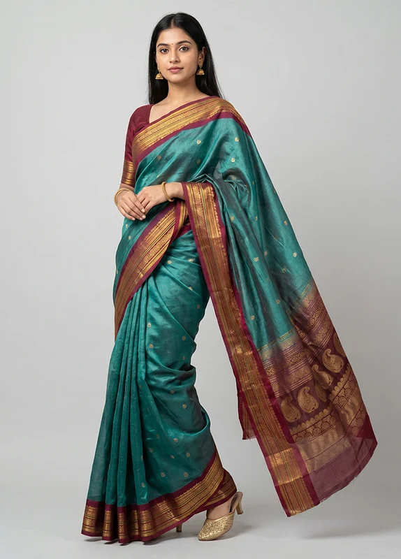 Green Gadwal Pure Silk Saree Without Blouse Piece One Size