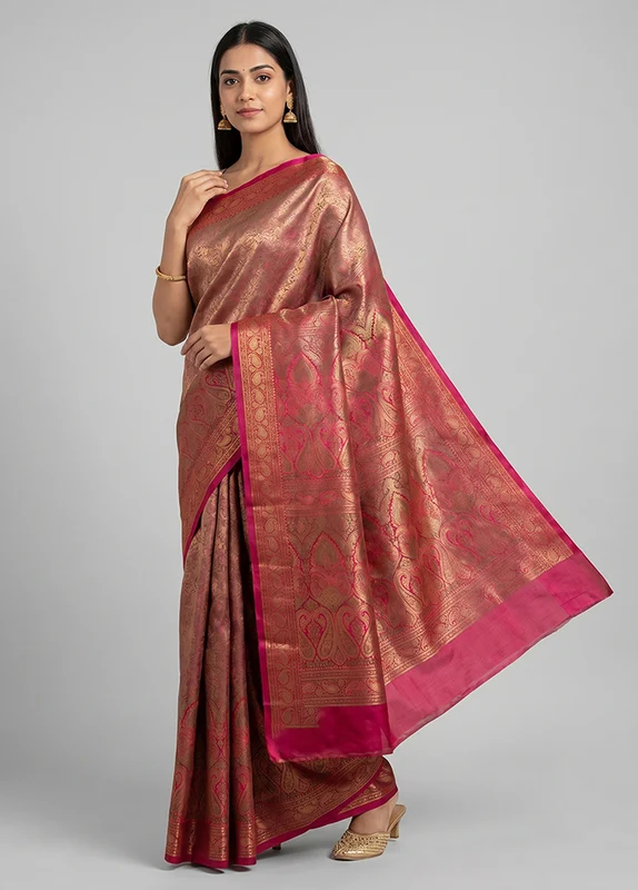 Cream Handloom Jamewar Pure Silk Saree With Blouse Piece One Size