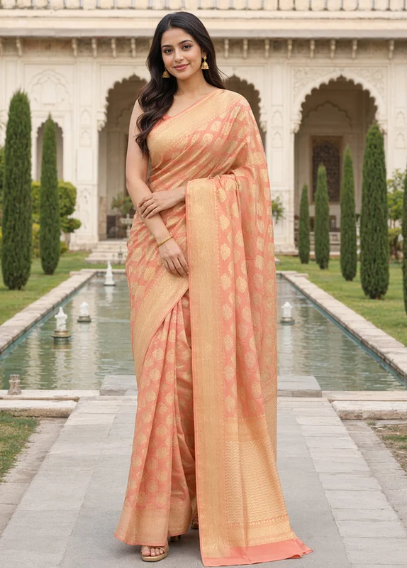 Pink Kora Silk Saree With Blouse Piece One Size