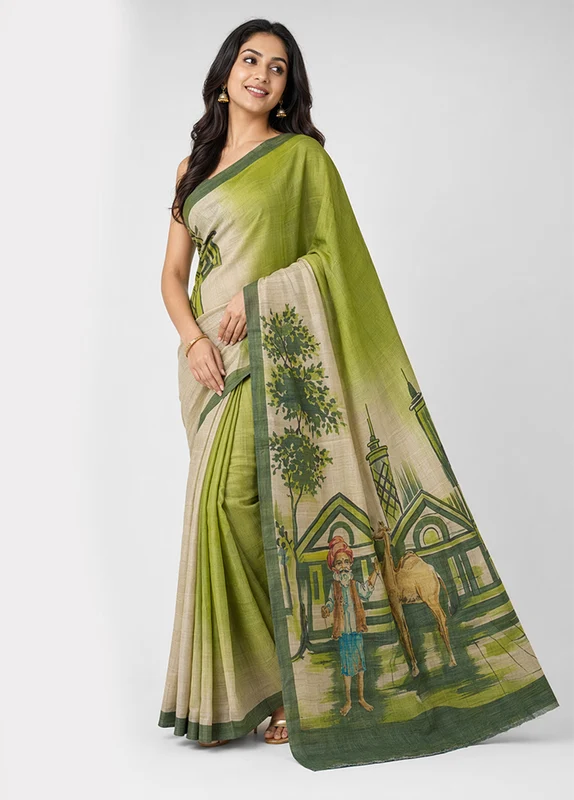 Cream Handloom Tussar Pure Silk Saree With Blouse Piece One Size