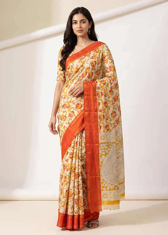 White Cotton Saree With Blouse Piece One Size