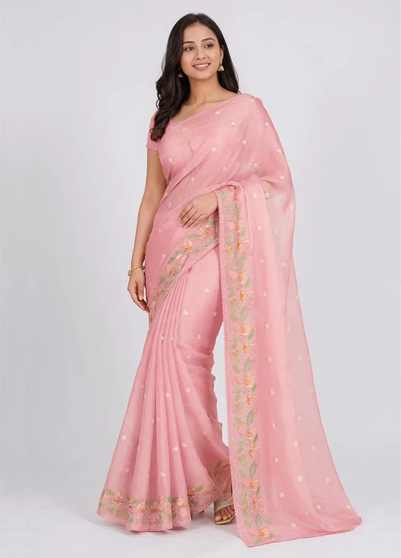 Pink Pure Cotton Saree With Blouse Piece One Size