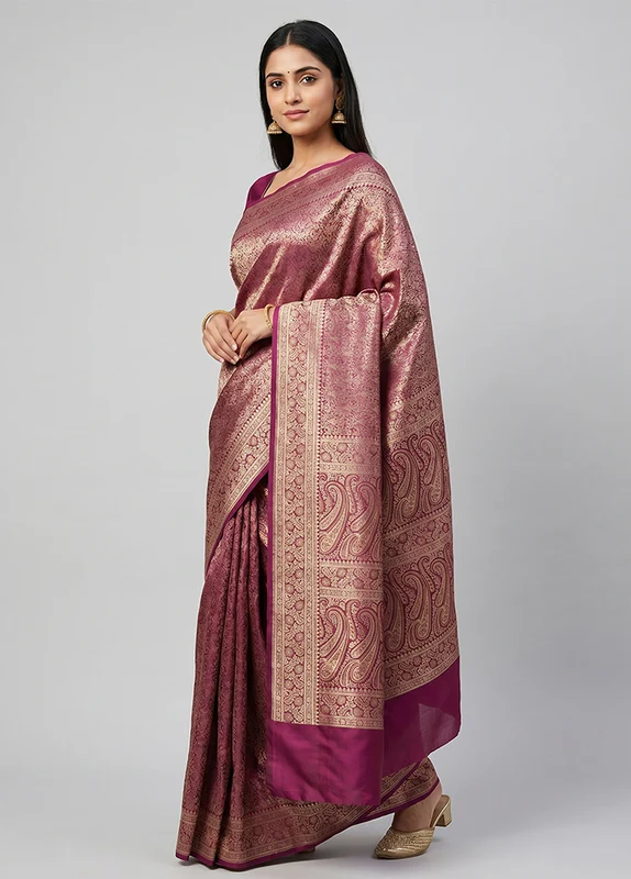 Purple Jamewar Silk Saree With Blouse Piece One Size