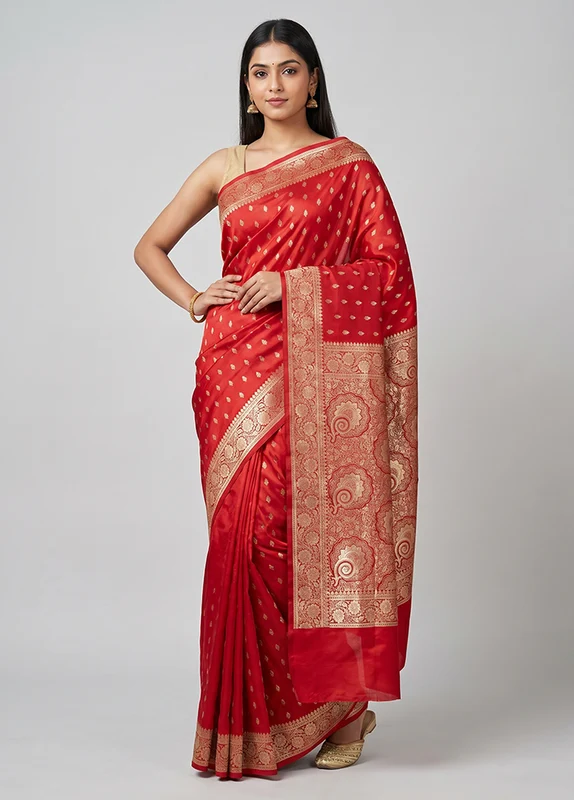Red Banarasi Silk Saree With Blouse Piece One Size