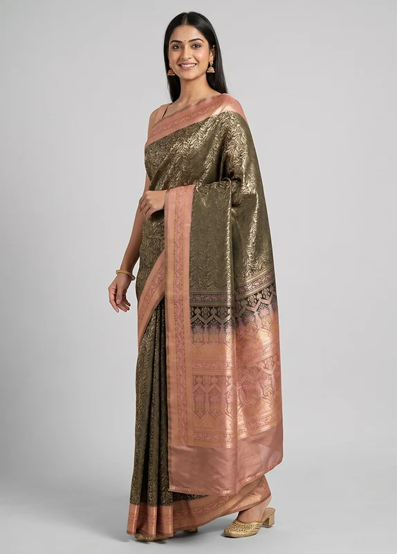 Grey Jamewar Silk Saree With Blouse Piece One Size