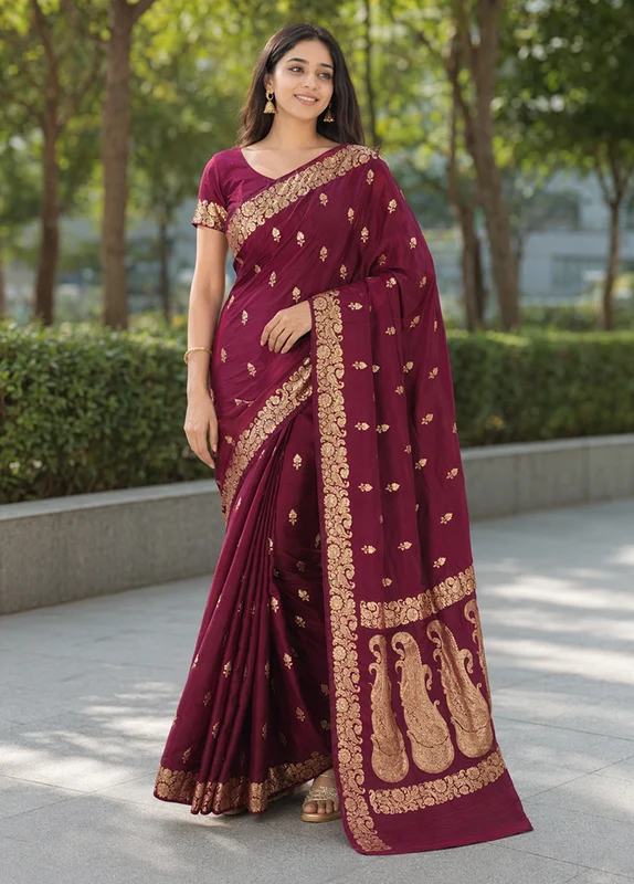 Purple Banarasi Silk Saree With Blouse Piece One Size