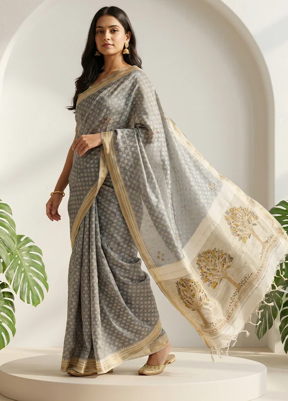 Blue Tussar Silk Saree With Blouse Piece One Size