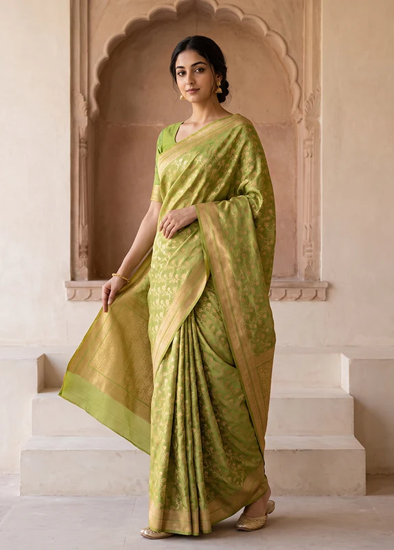 Green Katan Silk Saree With Blouse Piece One Size