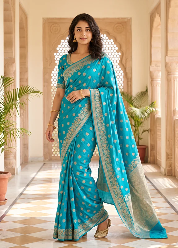 Blue Katan Silk Saree With Blouse Piece One Size