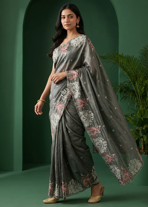 Grey Tussar Silk Saree With Blouse Piece One Size