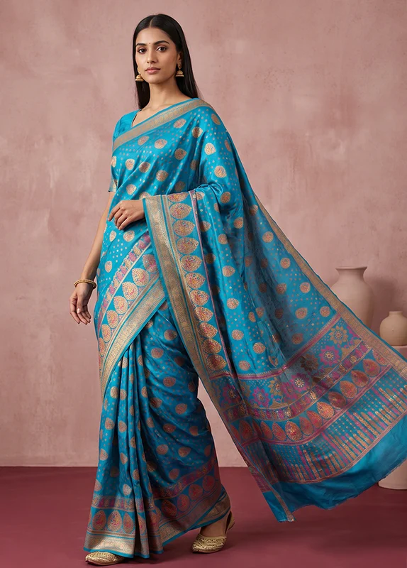 Blue Printed Pure Silk Saree Without Blouse Piece One Size
