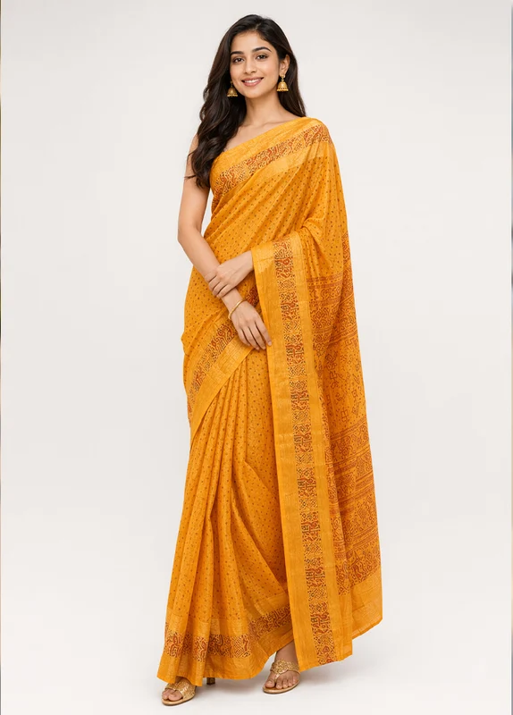 Yellow Printed Pure Silk Saree Without Blouse Piece One Size