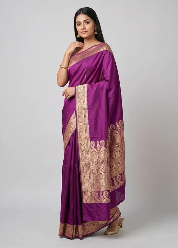 Purple Banarasi Silk Saree With Blouse Piece One Size