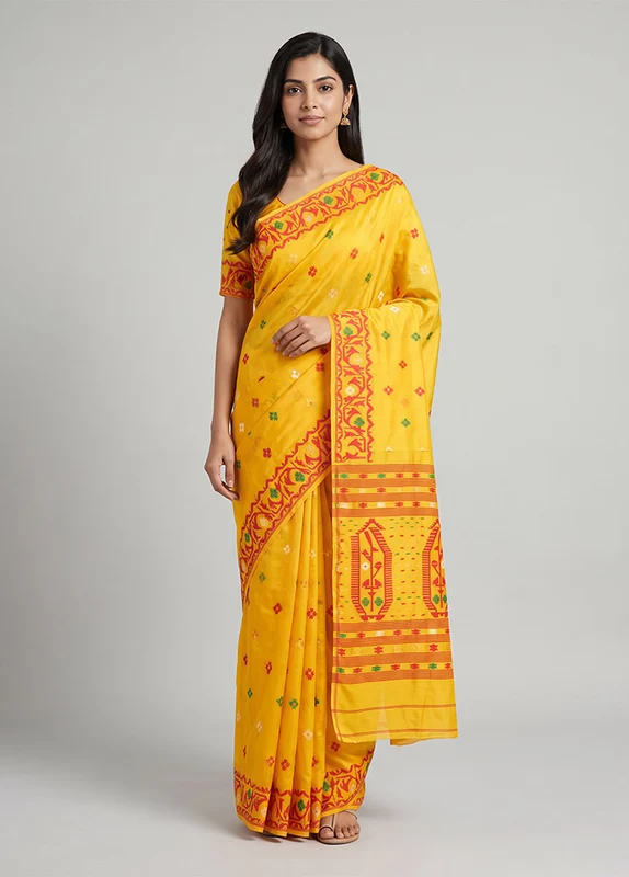 Yellow Jamdani Cotton Saree Without Blouse Piece One Size