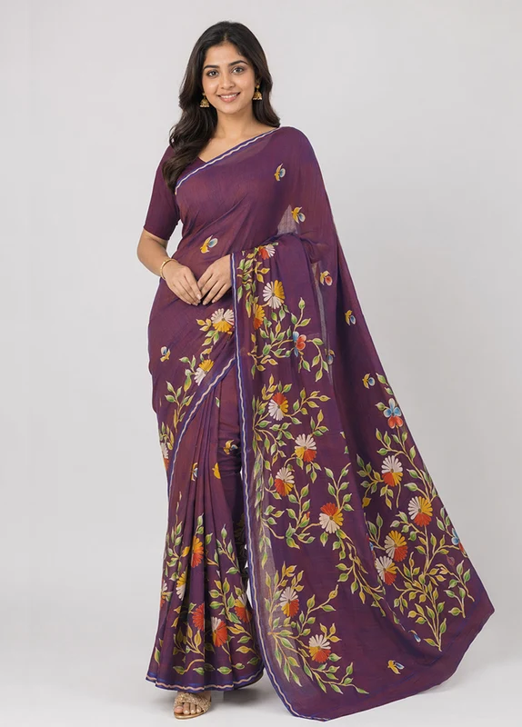 Purple Printed Pure Silk Saree Without Blouse Piece One Size