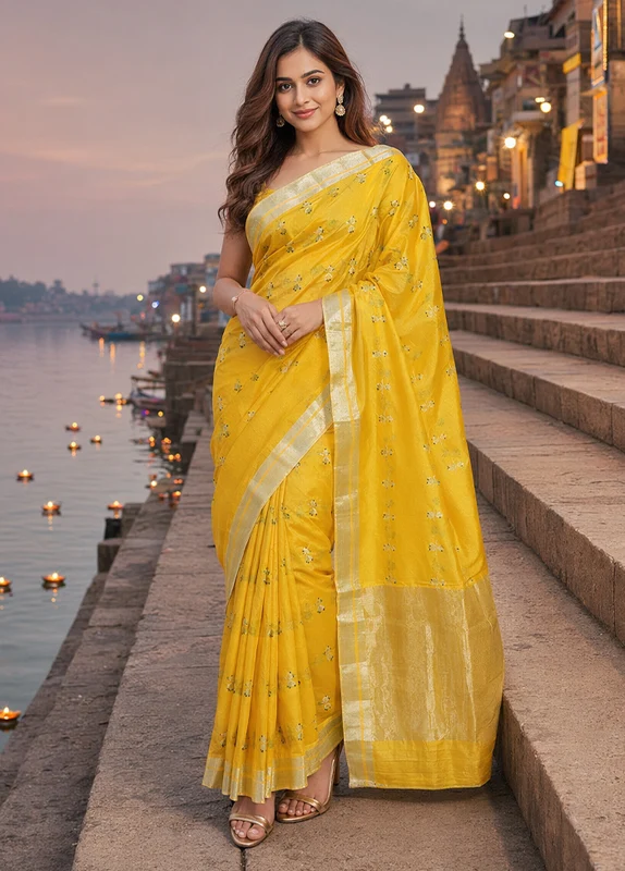 Yellow Handloom Chanderi Pure Silk Saree With Blouse Piece One Size