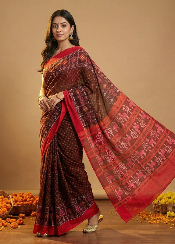 Brown Handloom Bomkai Pure Silk Saree With Blouse Piece One Size