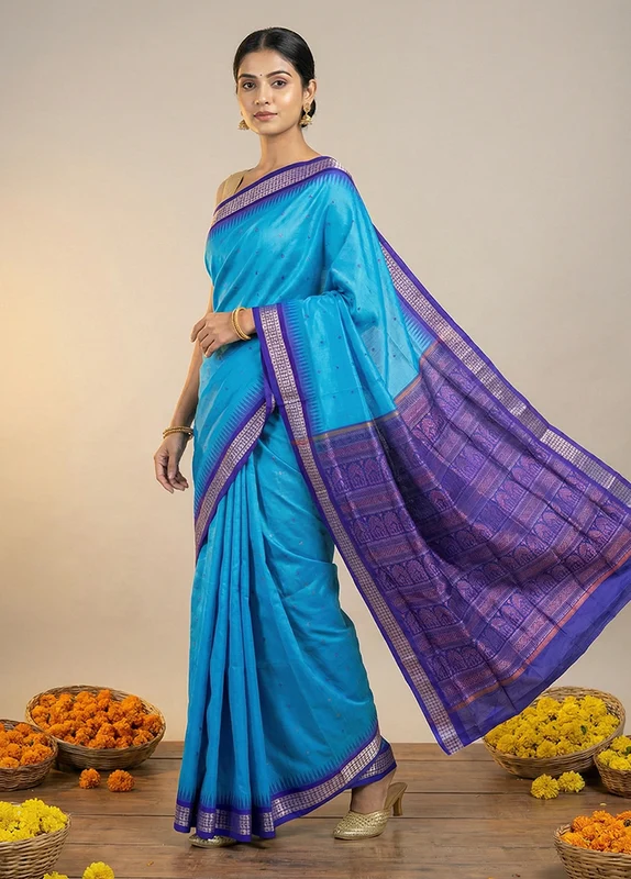 Blue Handloom Bomkai Pure Silk Saree With Blouse Piece One Size